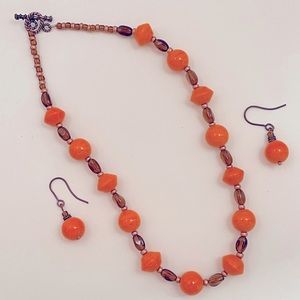 Vintage Orange and Amber Colored Real Glass Beaded Hippie Boho Retro Jewelry Set